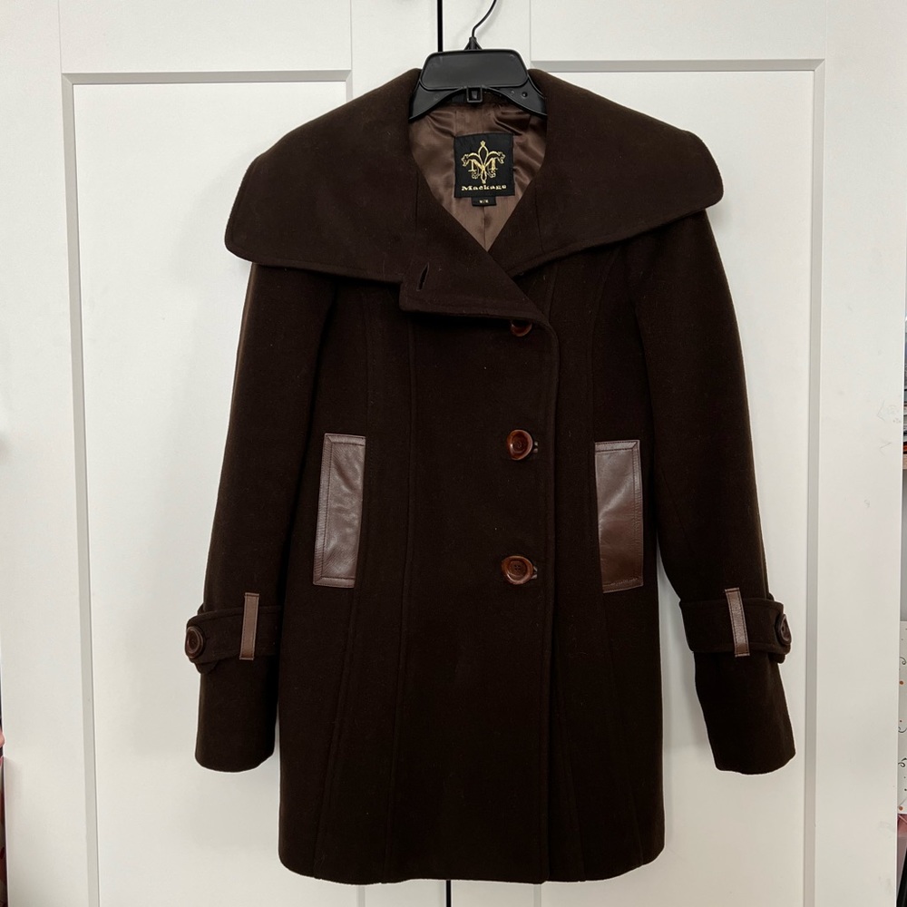 Mackage Wool Cashmere Blend High Collar Brown Pea Coat Size Medium Dark Brown